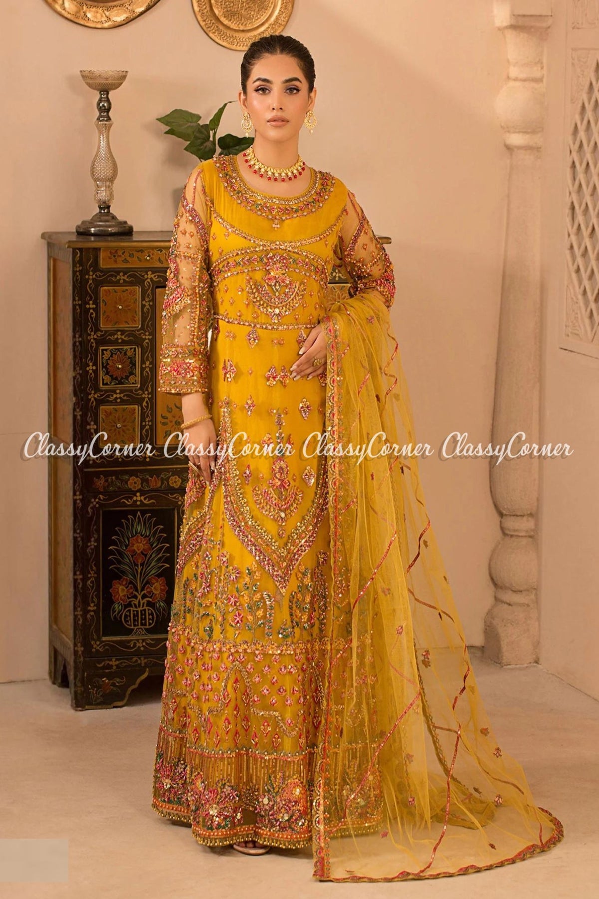 Yellow Multi Net Embellished Readymade Gown