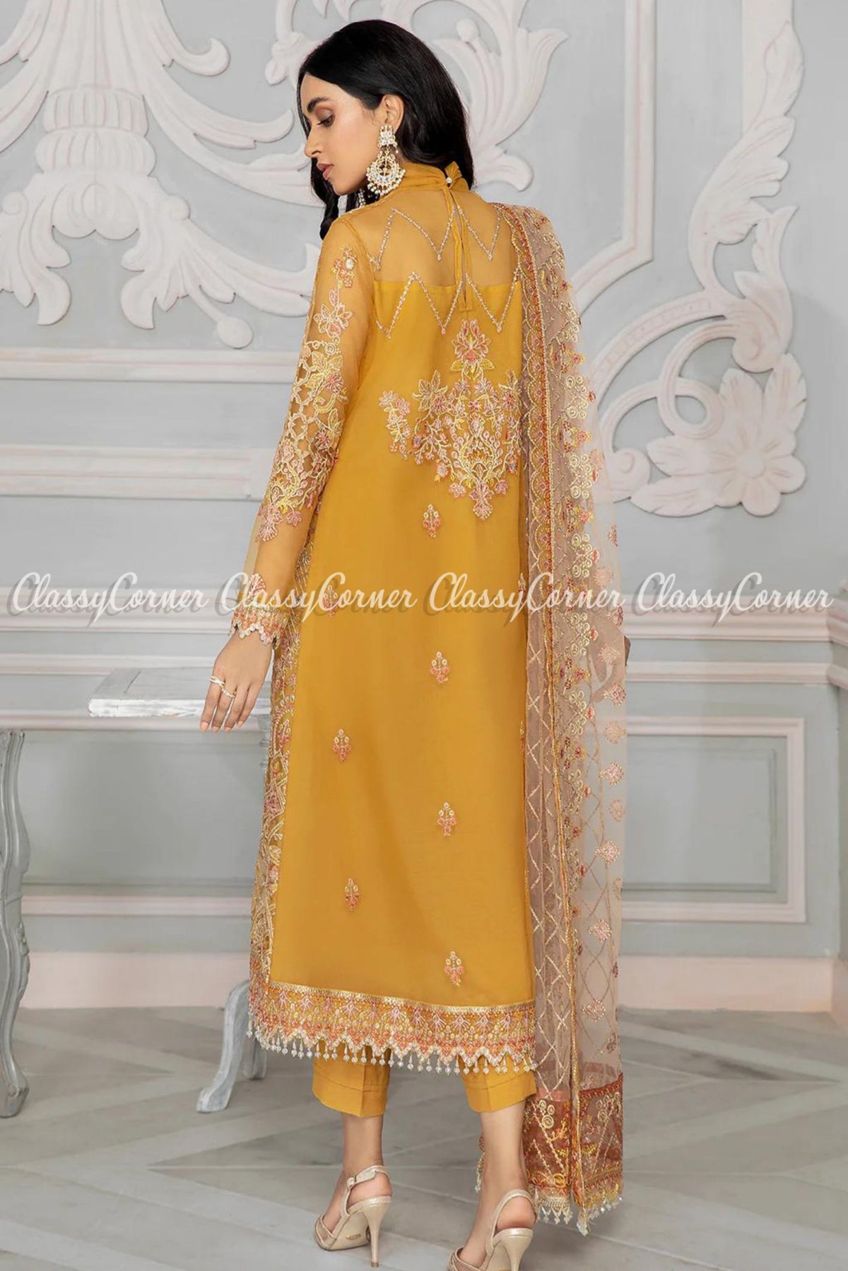 Yellow Pink Net Embroidered Formal Wear Salwar Kameez