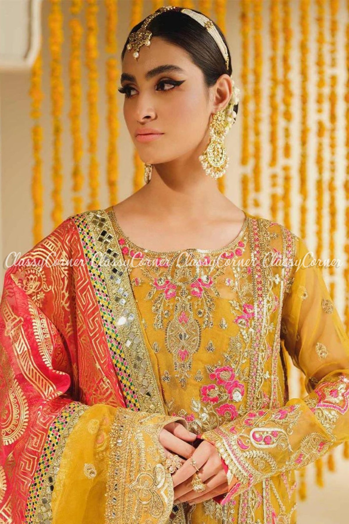 Yellow Pink Golden Embroidered Wedding Wear Salwar Kameez