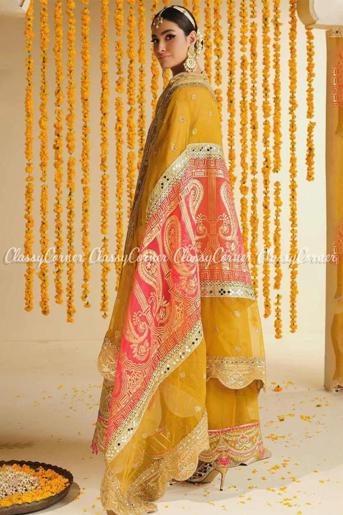 Yellow Pink Golden Embroidered Wedding Wear Salwar Kameez