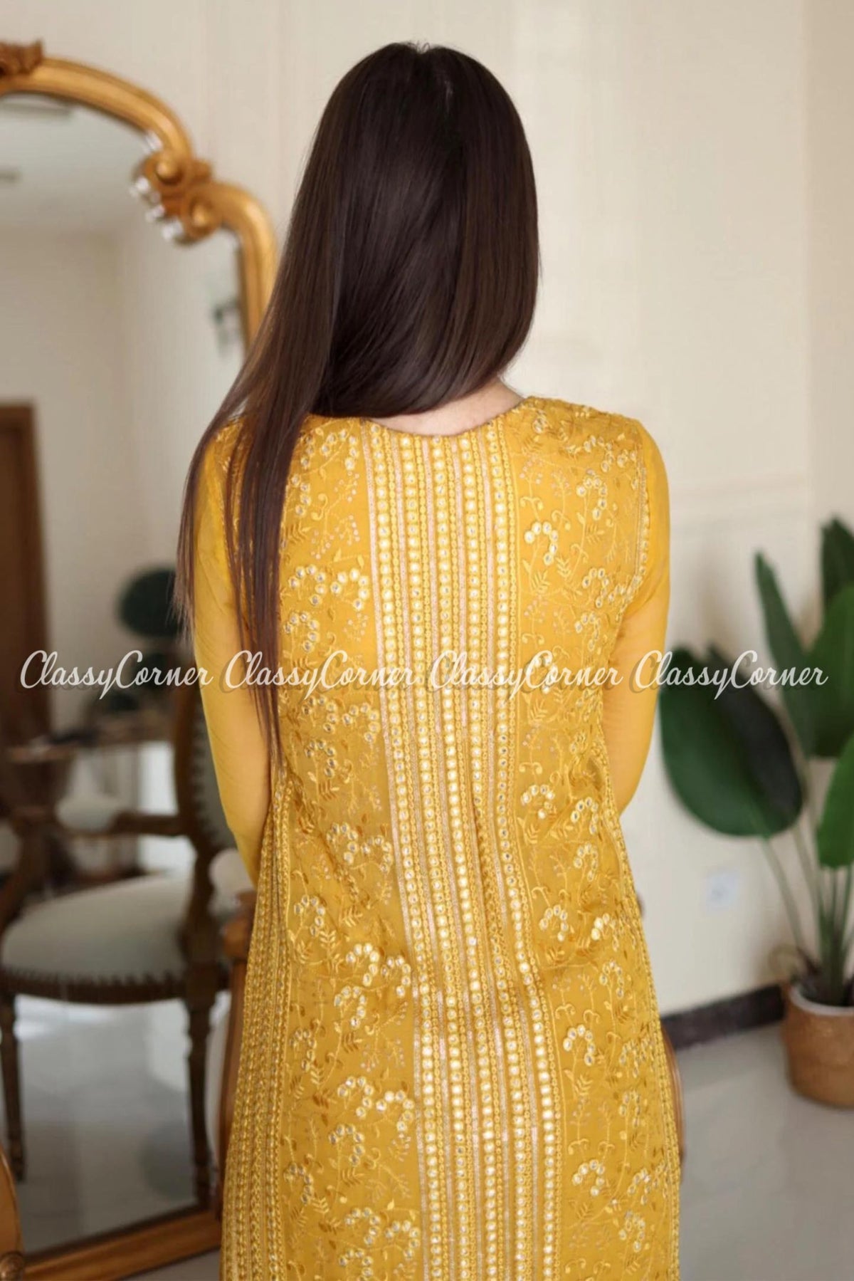 Yellow Chiffon Embroidered Mehndi Wear Outfit