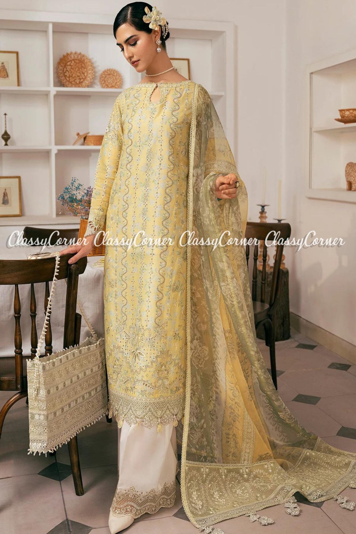 Lemon Yellow Lawn Embroidered Pakistani Salwar kameez