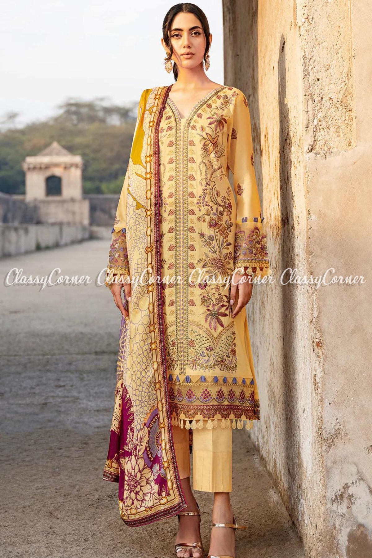 Yellow Purple Lawn Embroidered Formal Salwar Kameez