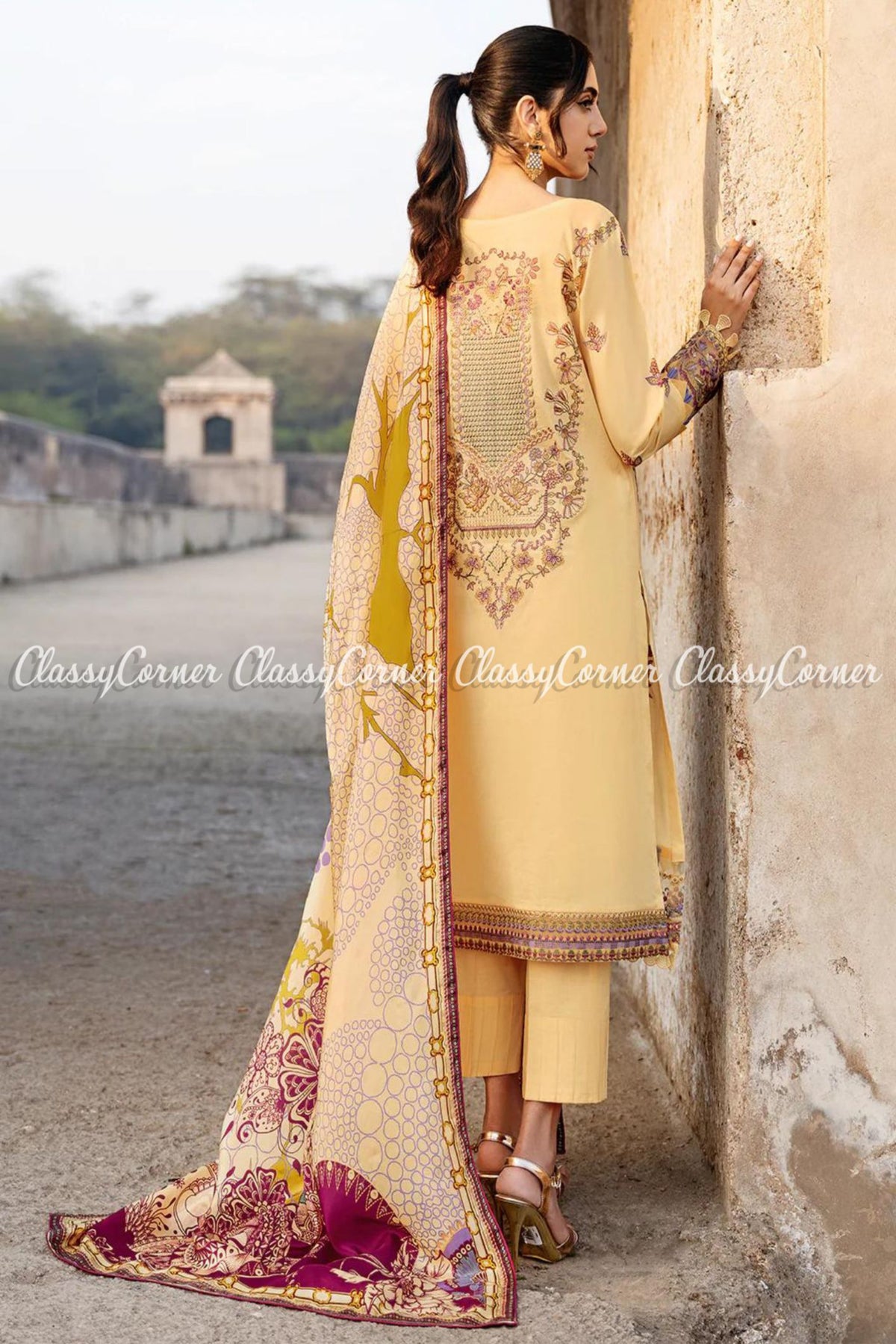 Yellow Purple Lawn Embroidered Formal Salwar Kameez