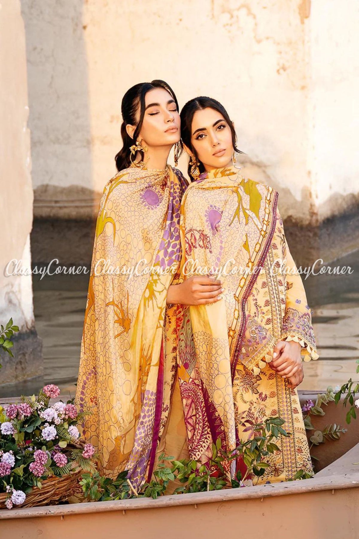 Yellow Purple Lawn Embroidered Formal Salwar Kameez