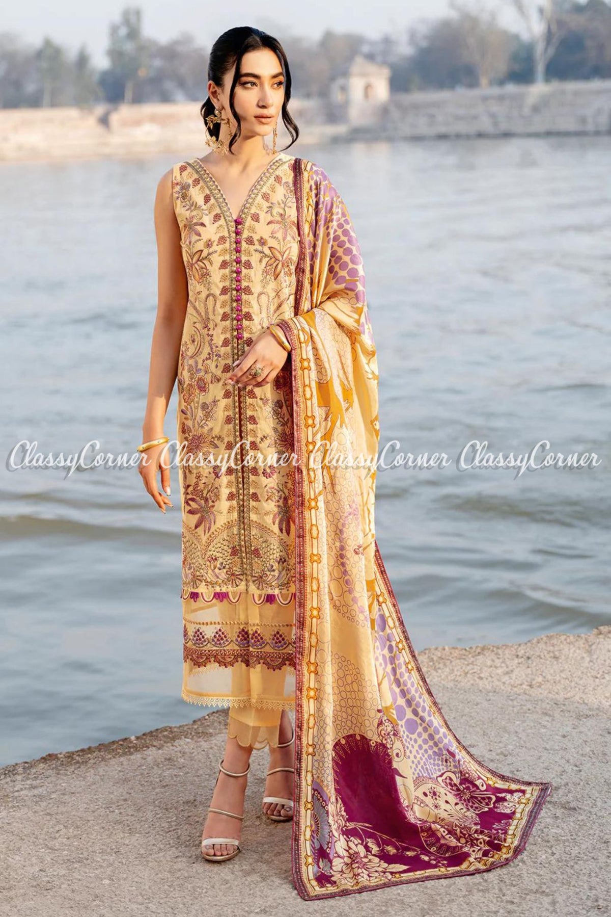 Yellow Purple Lawn Embroidered Formal Salwar Kameez