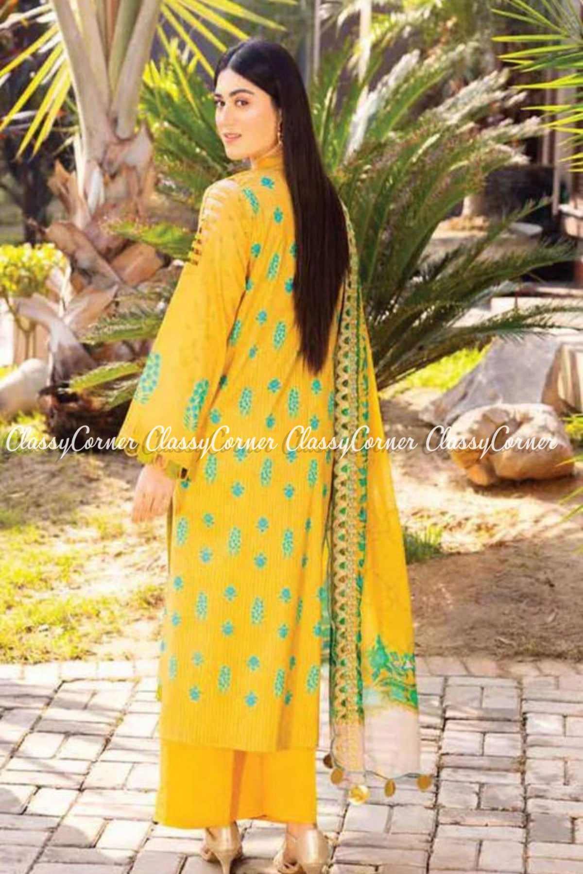 Yellow Blue Lawn Embroidered Pakistani Salwar Kameez