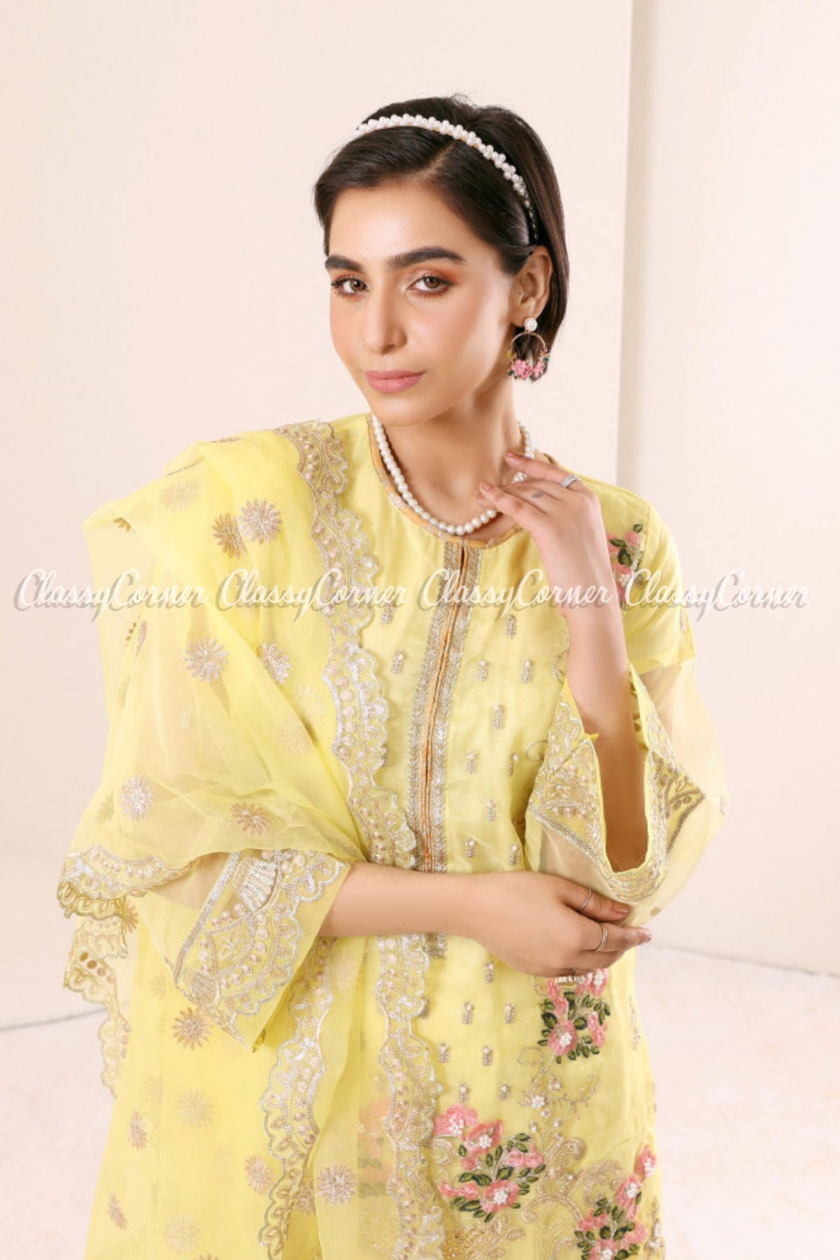 Yellow Multicolor Embroidered Organza Pakistani Salwar Kameez Outfit