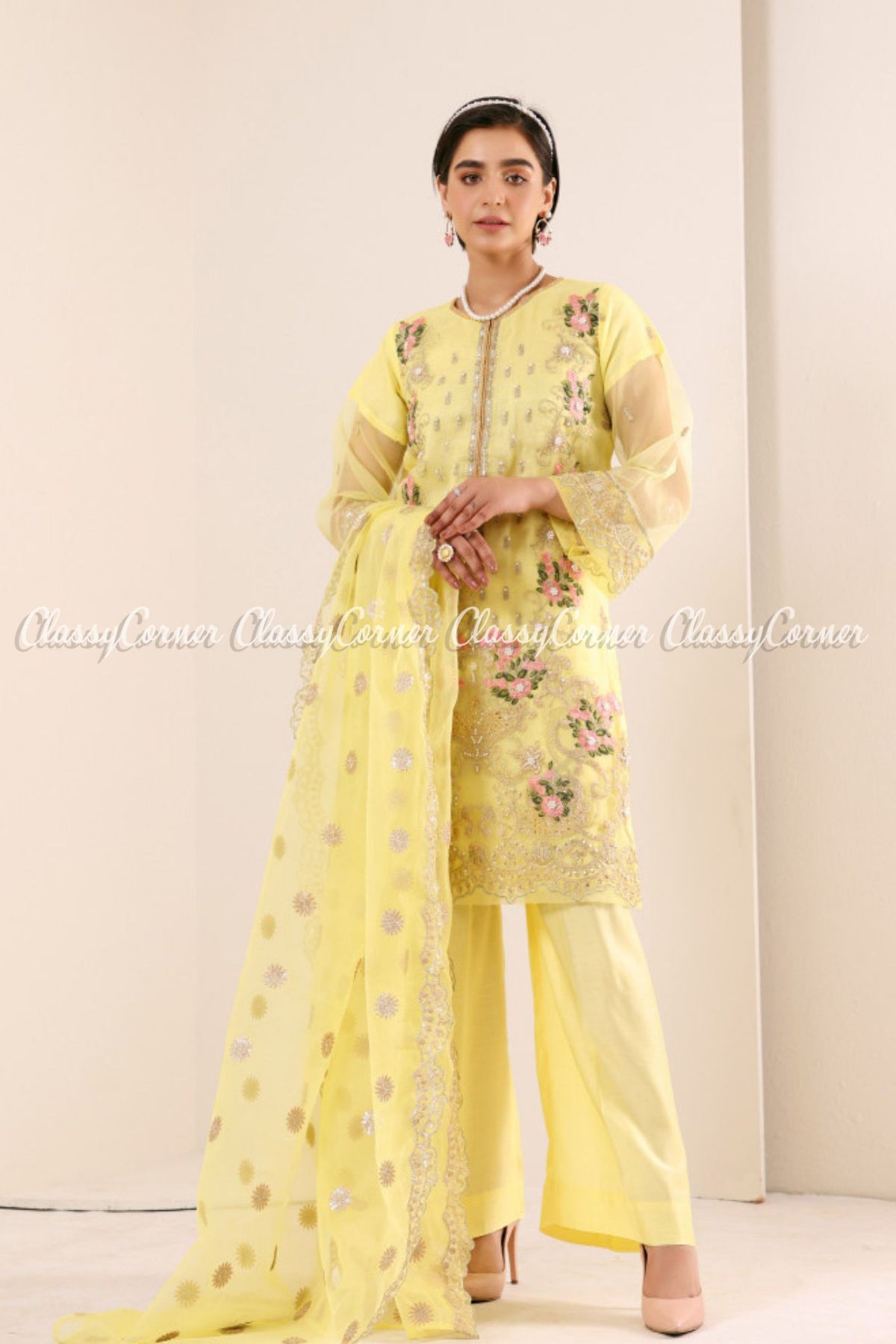 Yellow Multicolor Embroidered Organza Pakistani Salwar Kameez Outfit