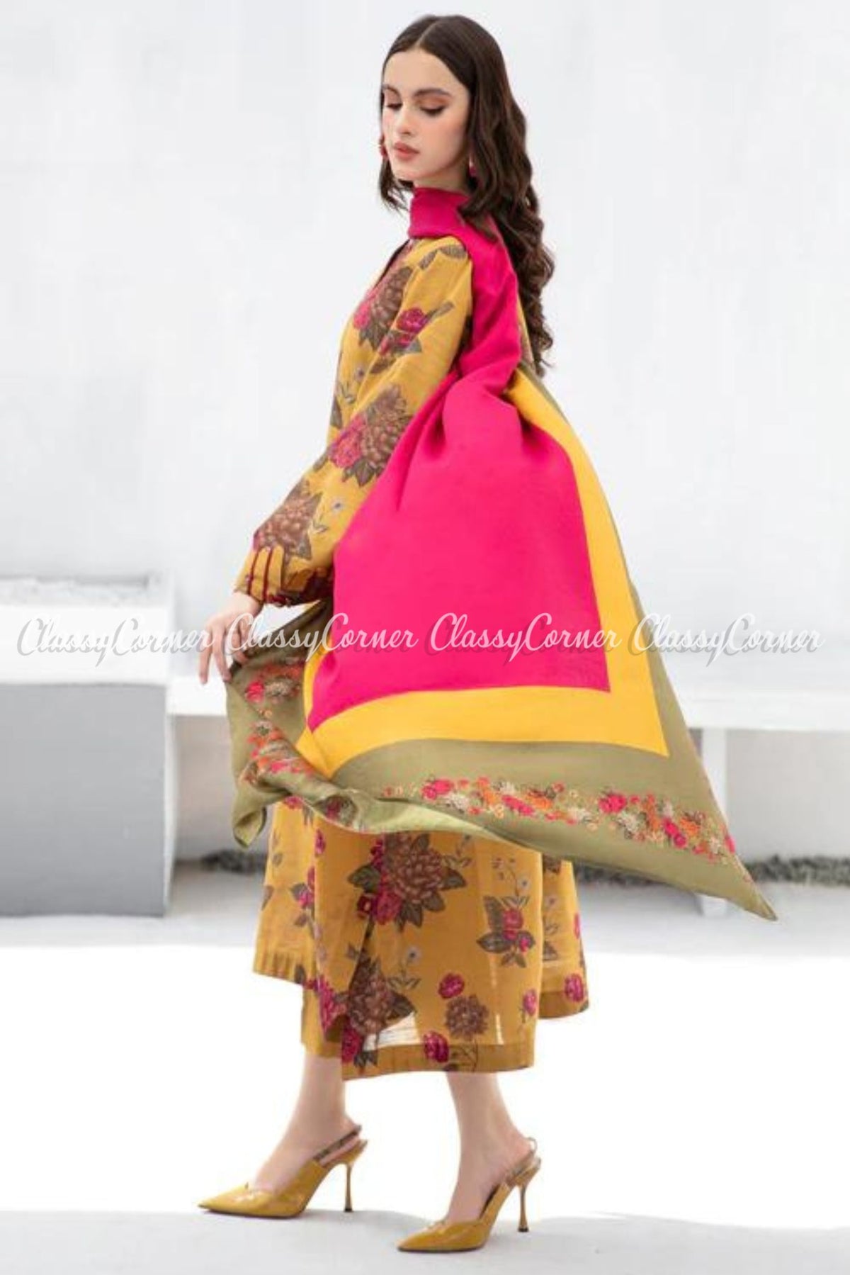 Yellow Pink Floral Printed Viscose Khaddar Salwar Kameez