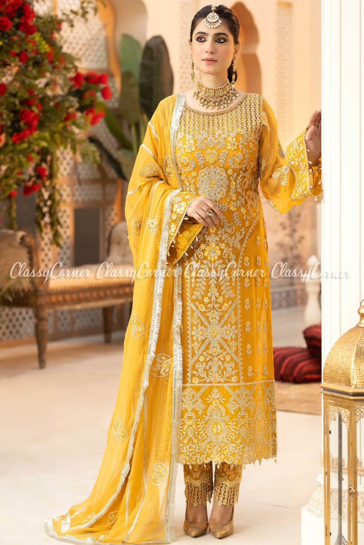 Yellow Chiffon Embroidered Wedding Wear Salwar Kameez