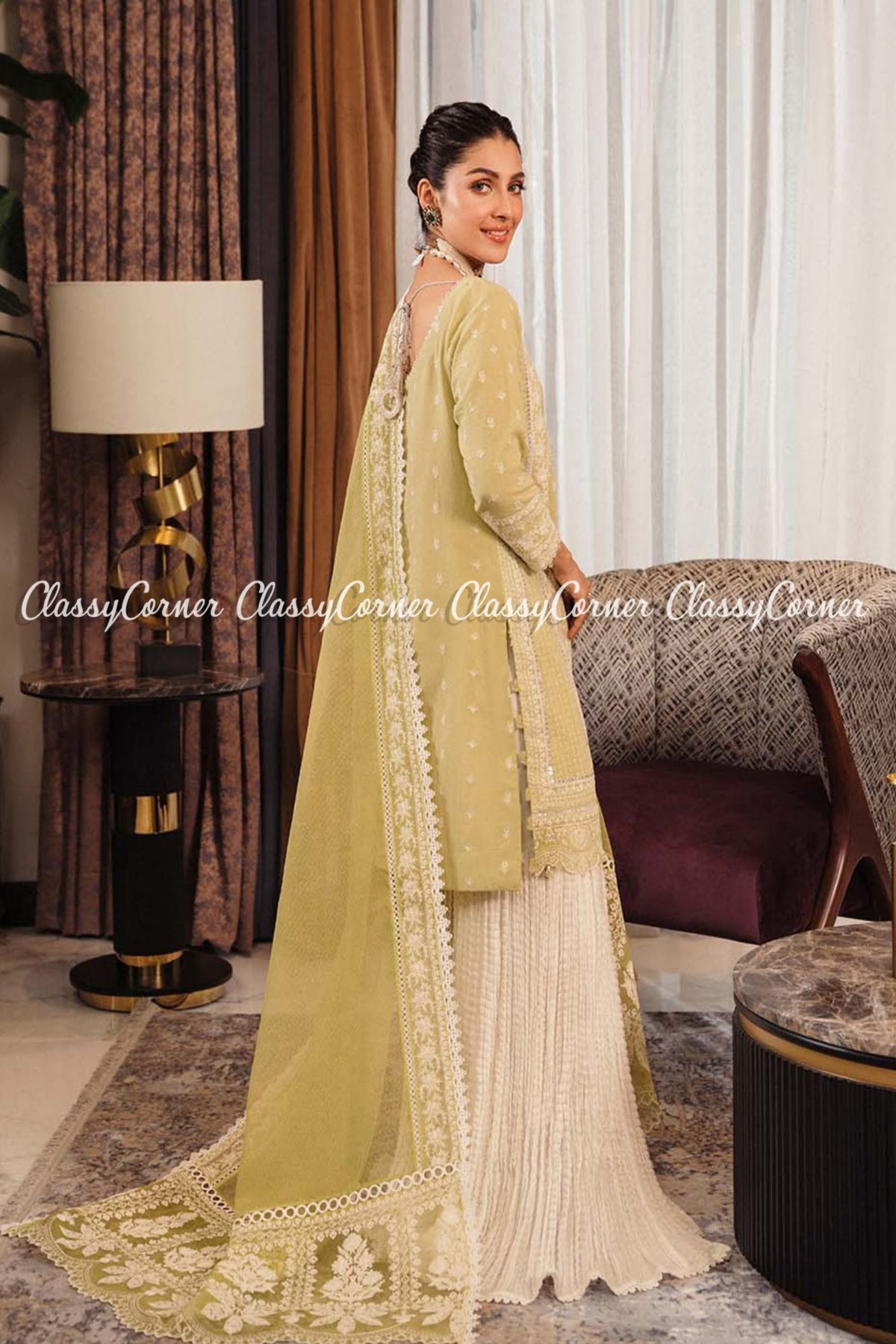 Yellow White Lawn Embroidered Formal Wear Sharara Dress