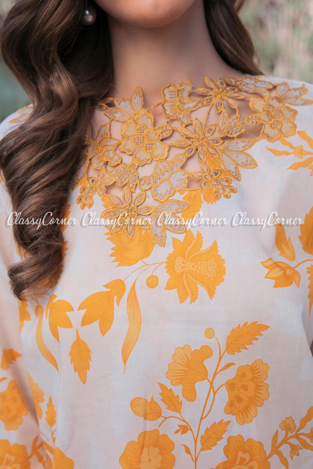 Yellow White Embroidered Floral Printed Pakistani Salwar Kameez