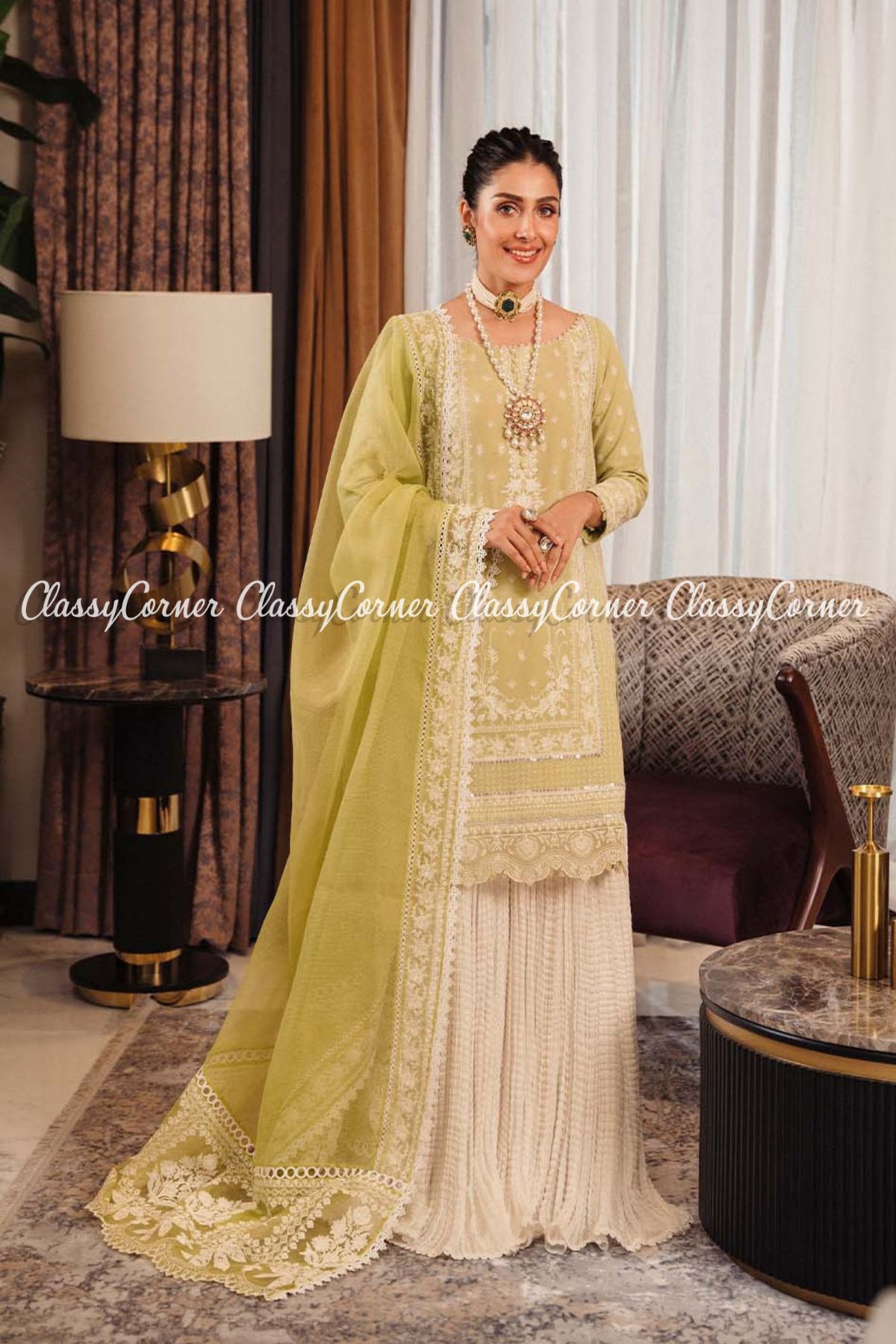 Yellow White Lawn Embroidered Formal Wear Sharara Dress