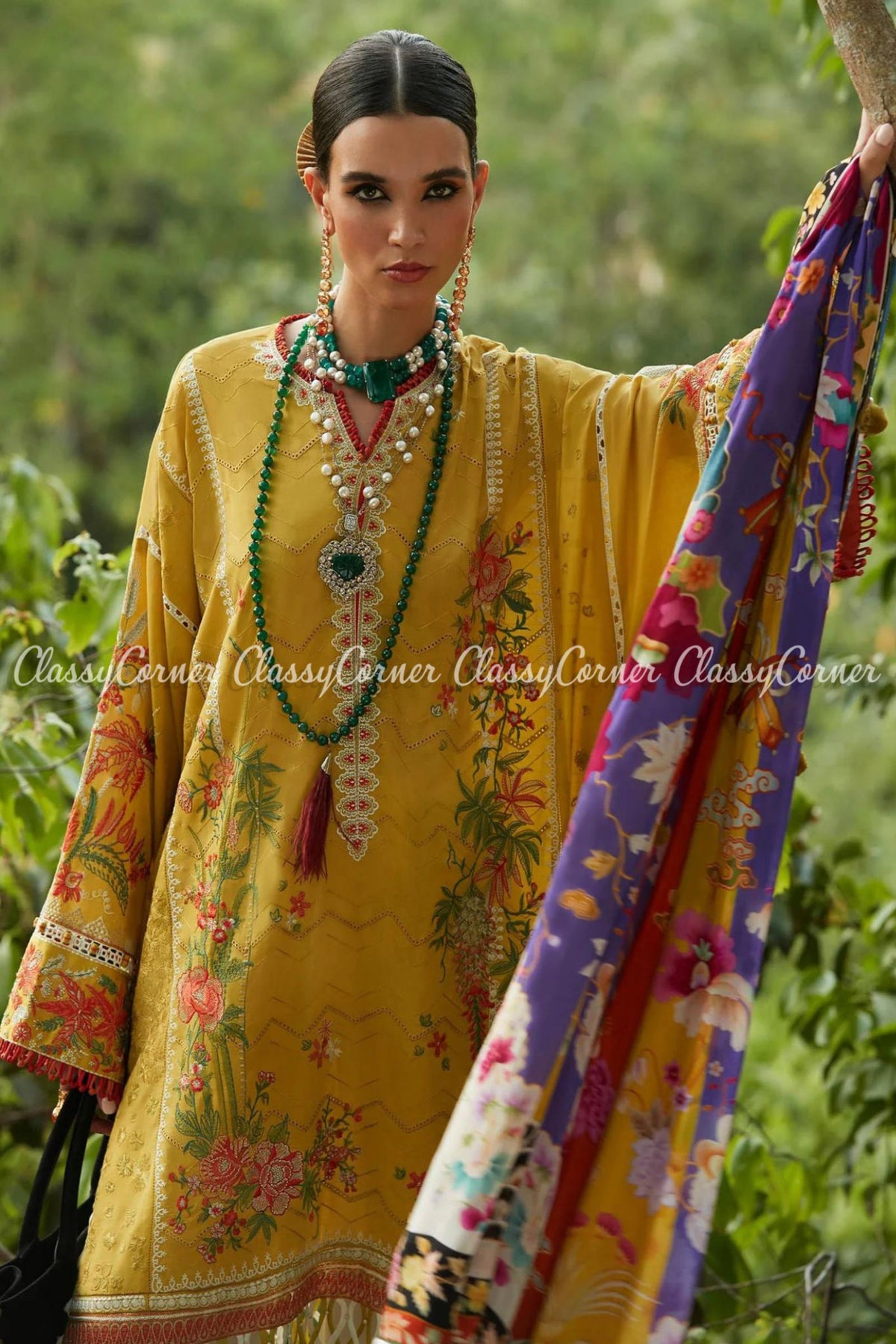 Yellow White Multi Embroidered Lawn Salwar Kameez