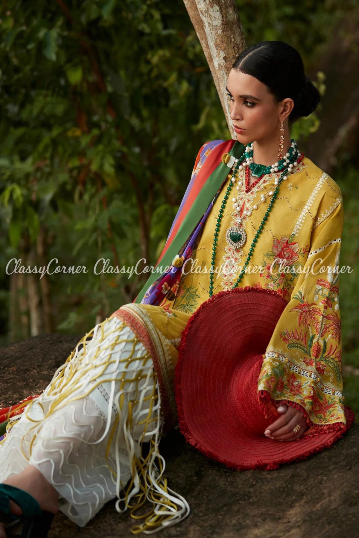 Yellow White Multi Embroidered Lawn Salwar Kameez