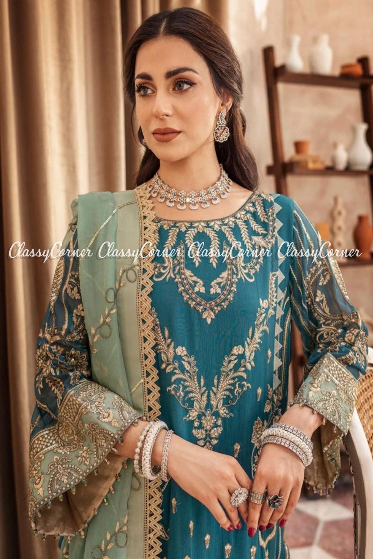 Zinc Golden Chiffon Embroidered Formal Wear Salwar Kameez