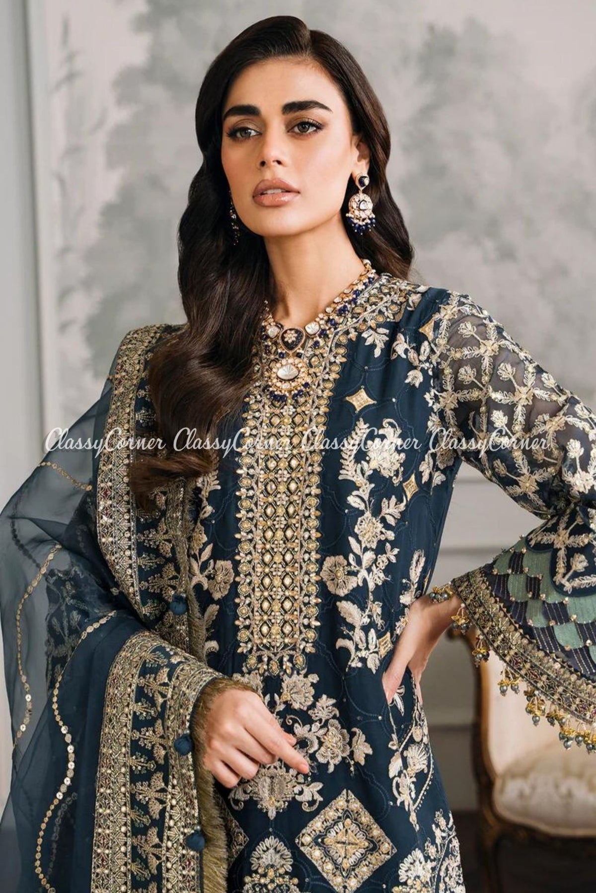 Teal Golden Chiffon Embroidered Wedding Wear Suits