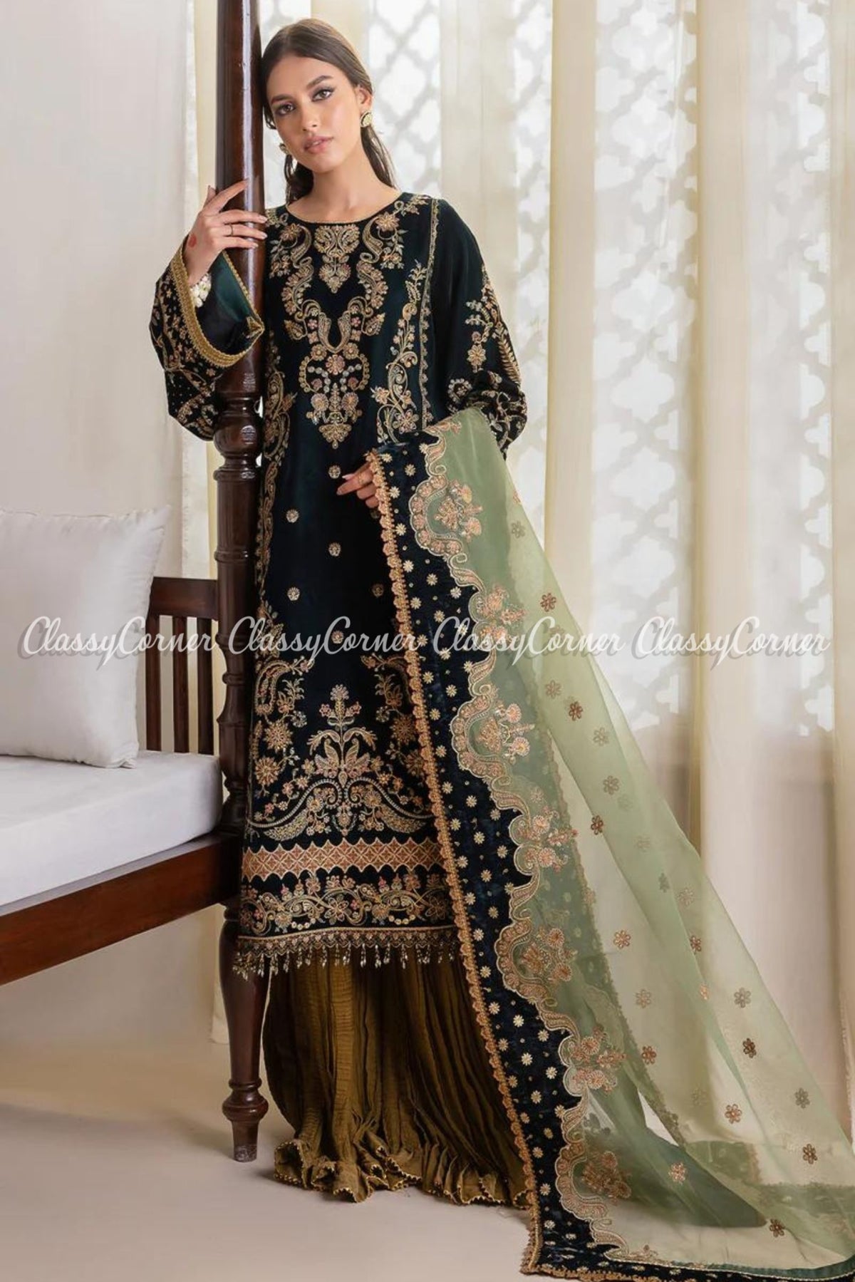 Zinc Green Golden Velvet Embroidered Sharara Outfit