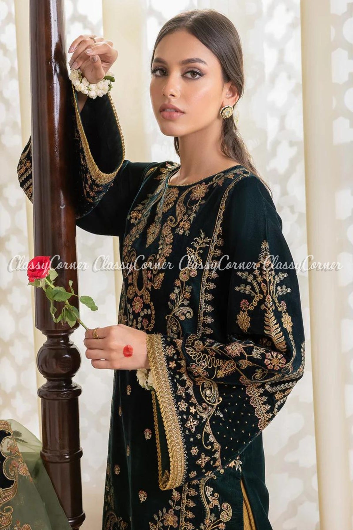 Zinc Green Golden Velvet Embroidered Sharara Outfit