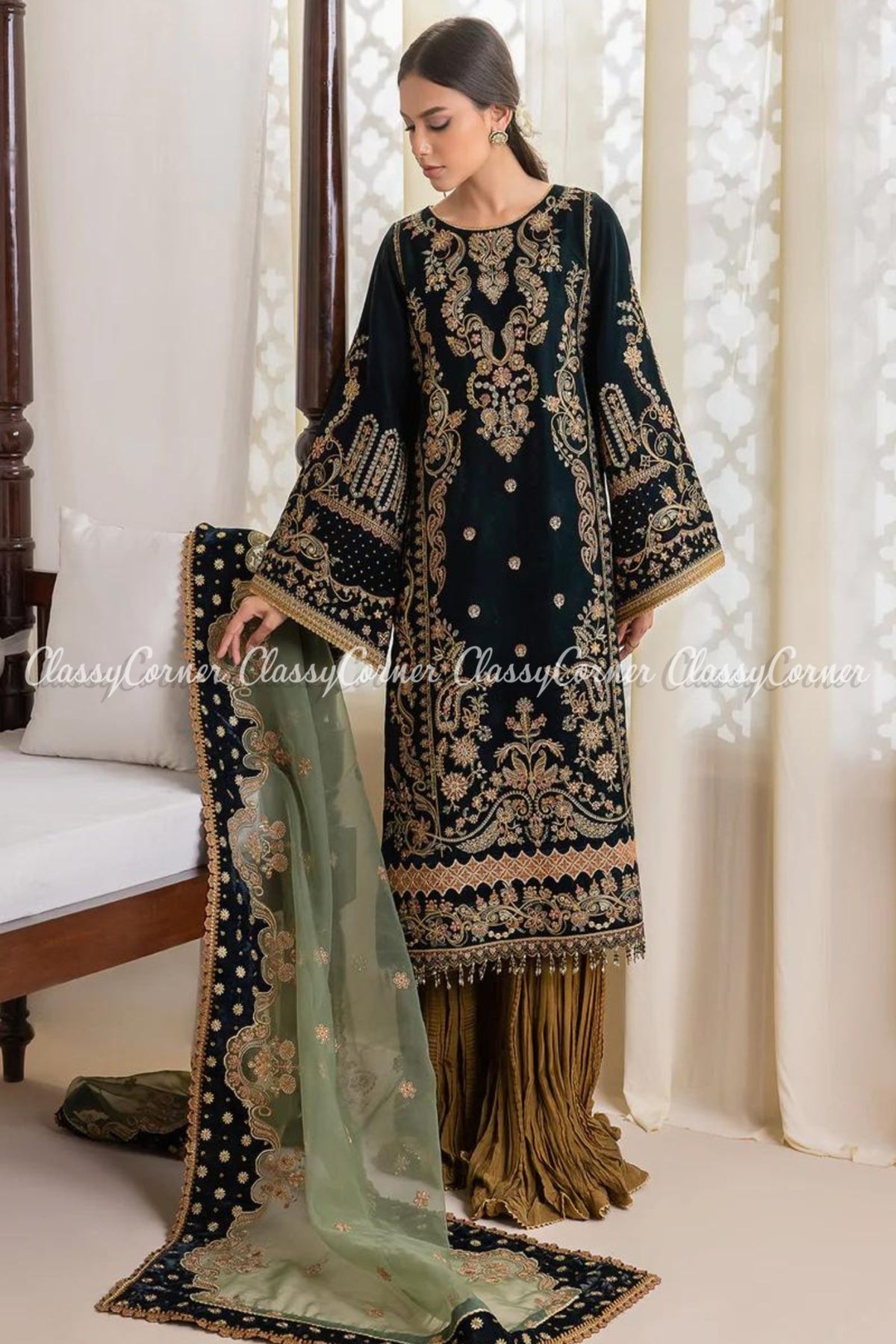 Zinc Green Golden Velvet Embroidered Sharara Outfit