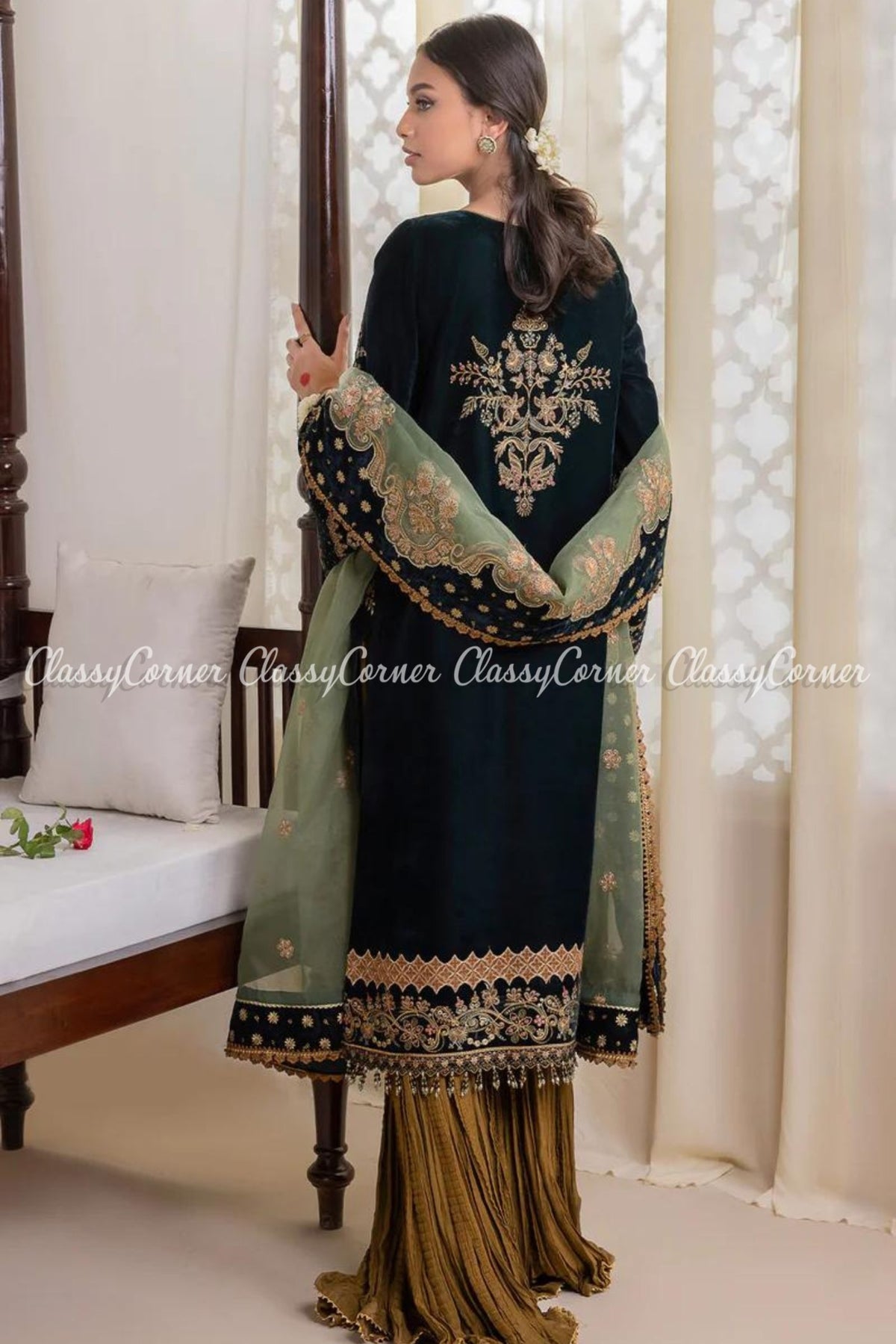 Zinc Green Golden Velvet Embroidered Sharara Outfit