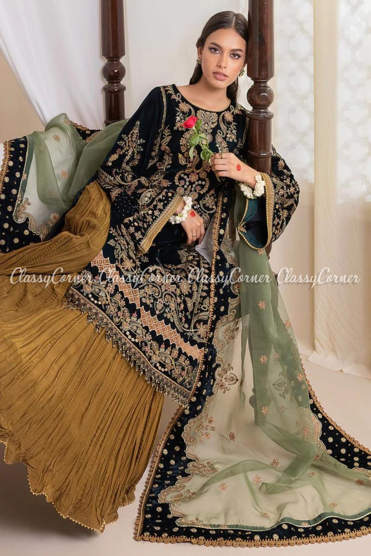 Zinc Green Golden Velvet Embroidered Sharara Outfit