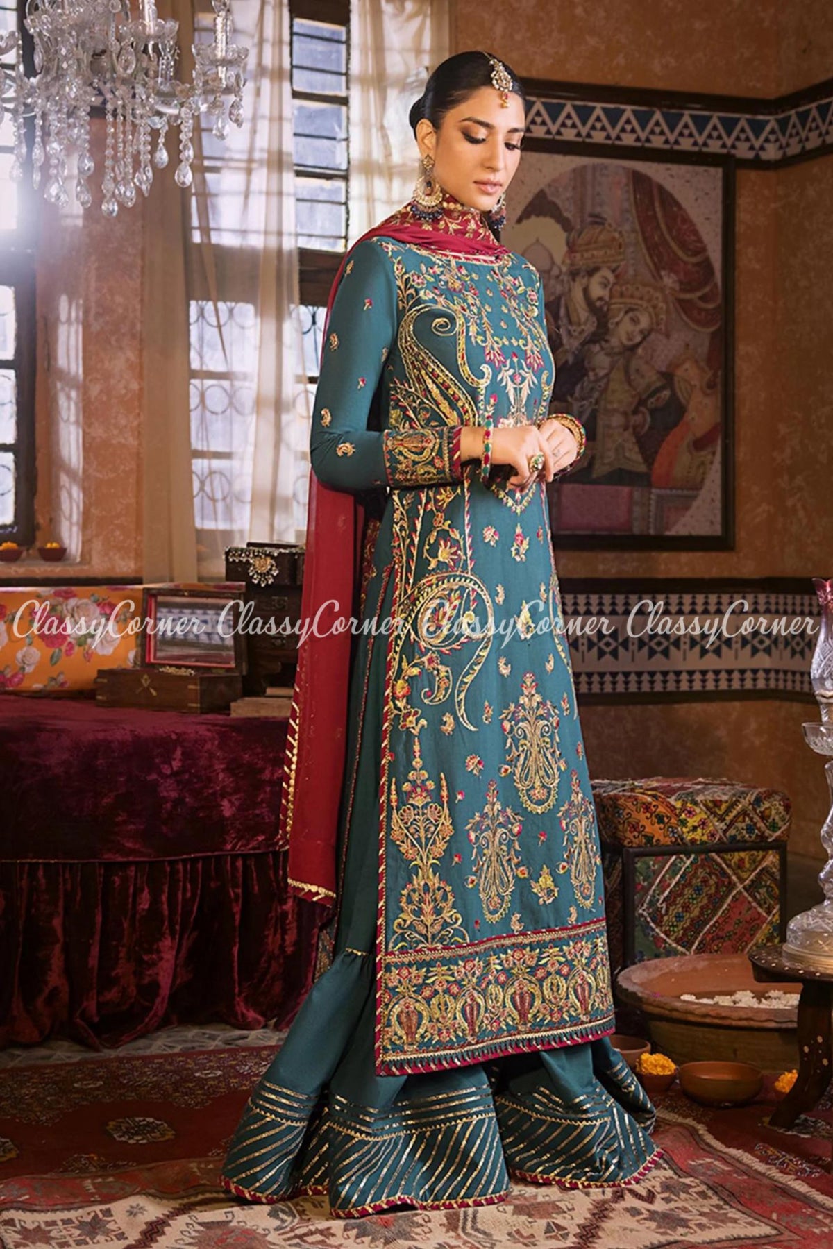 Pakistani Zinc Maroon Embroidered Lawn Gharara Dress