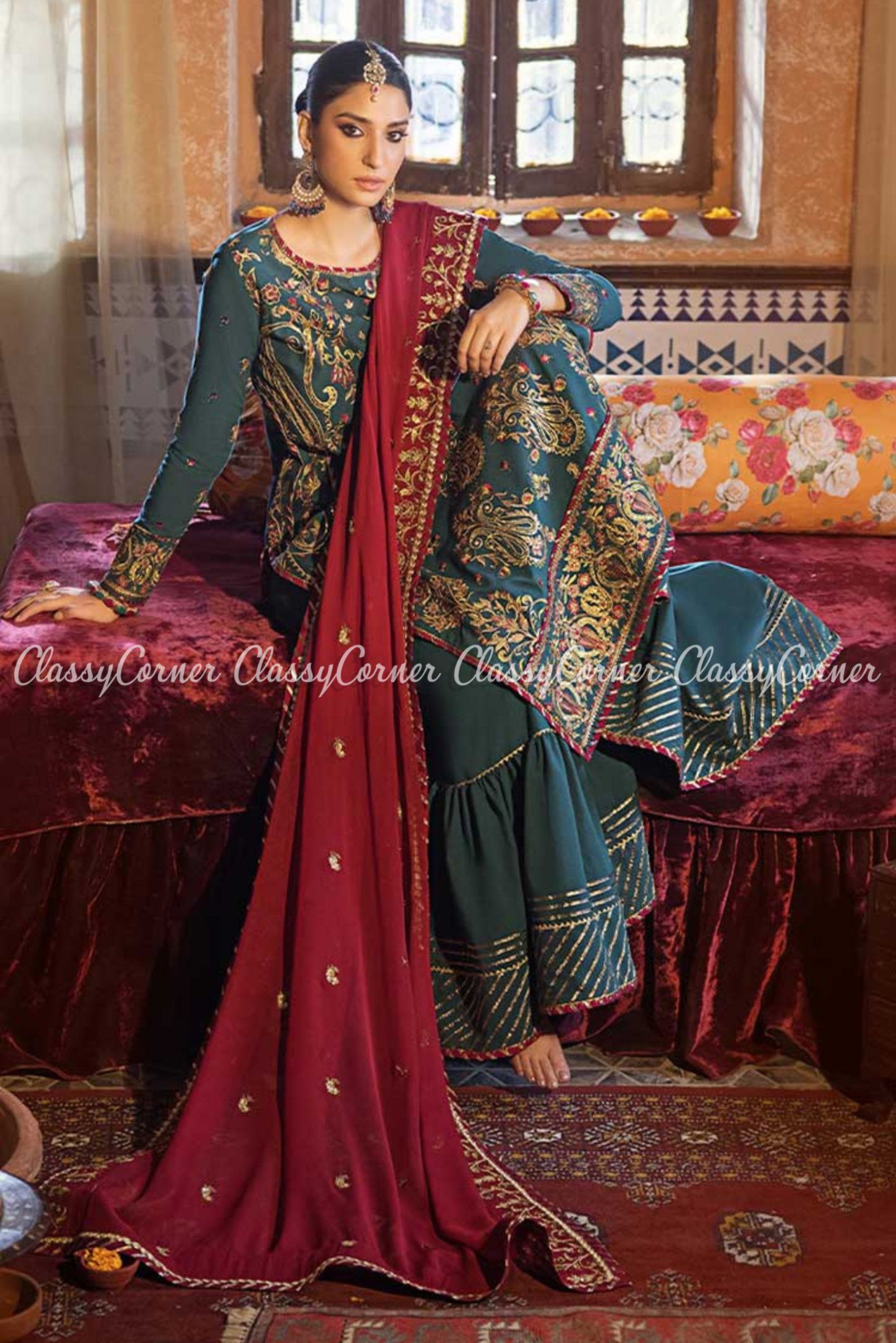 Grey And Maroon Embellished Gharara Suit | Sleeves designs for dresses,  Pakistani dresses, Designer party wear dresses