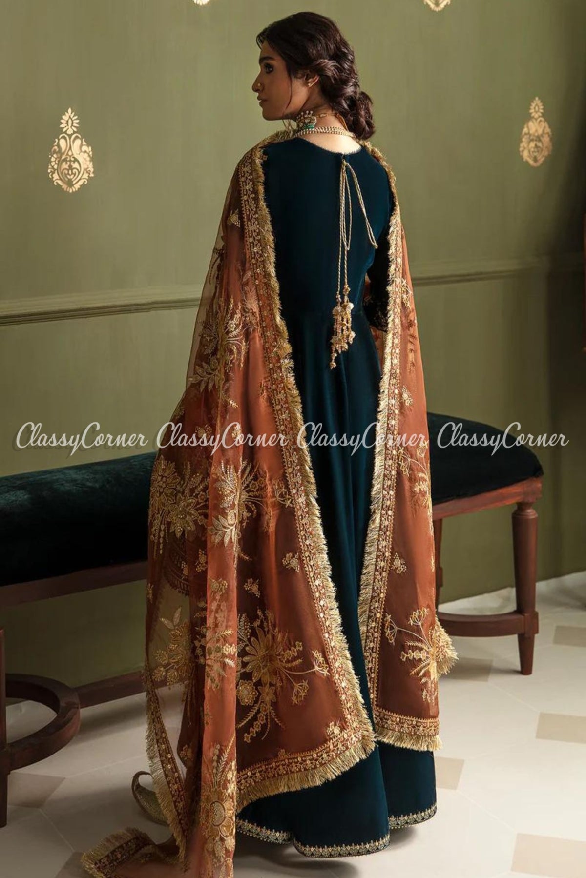 Zinc Rust Velvet Embroidered Maxi Outfit