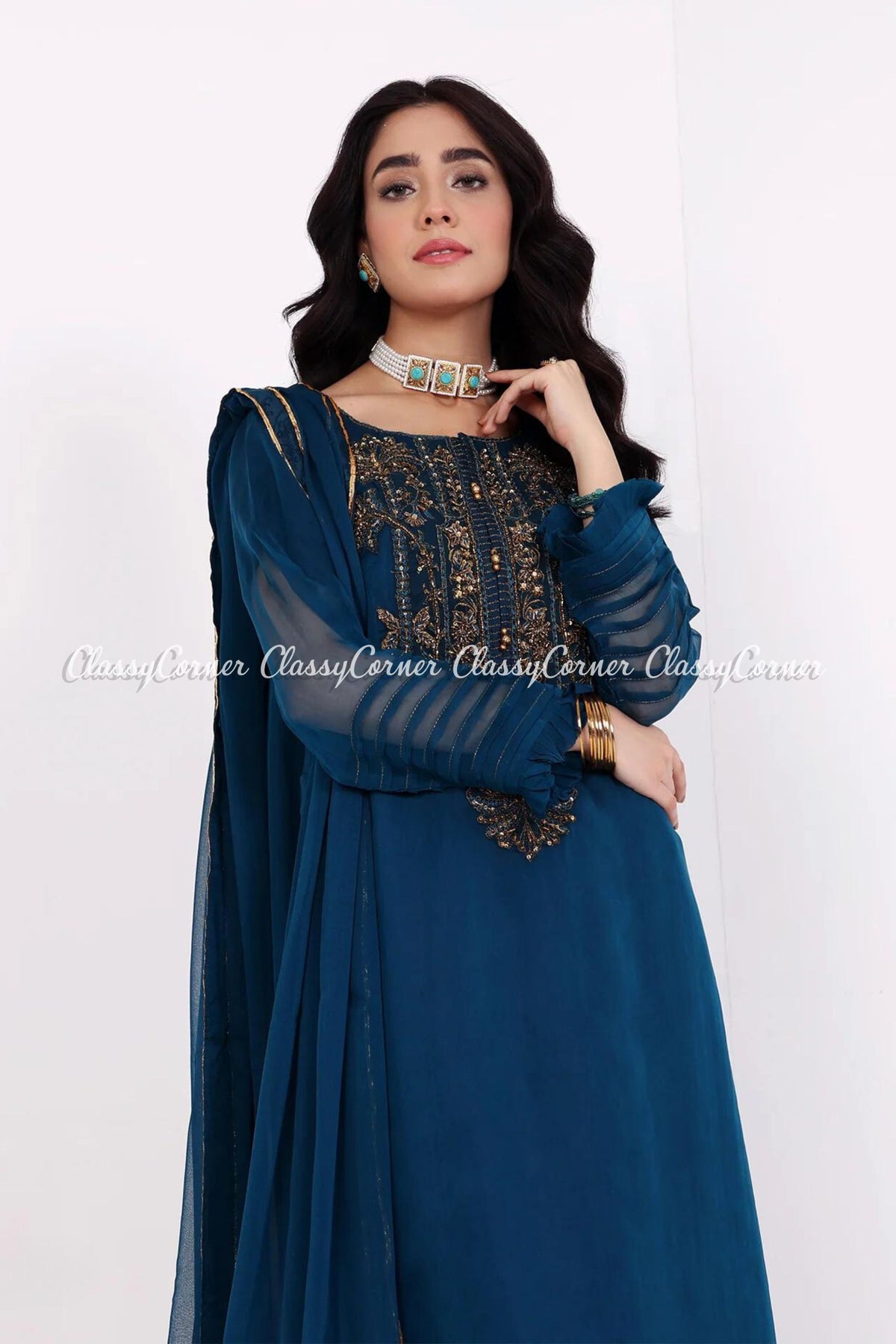 Zinc Golden Chiffon Embroidered Salwar Kameez