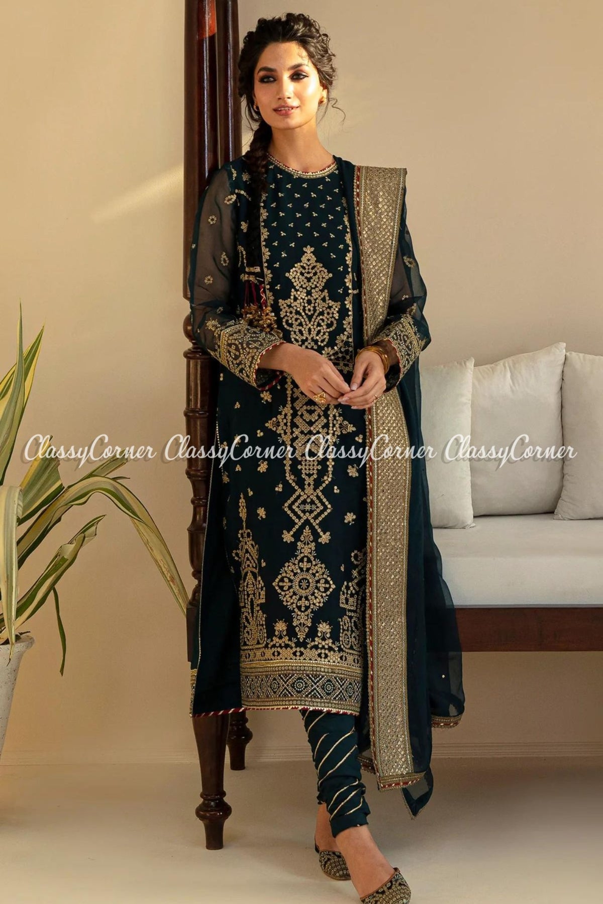 Zinc Golden Chiffon Embroidered 3pc Suit