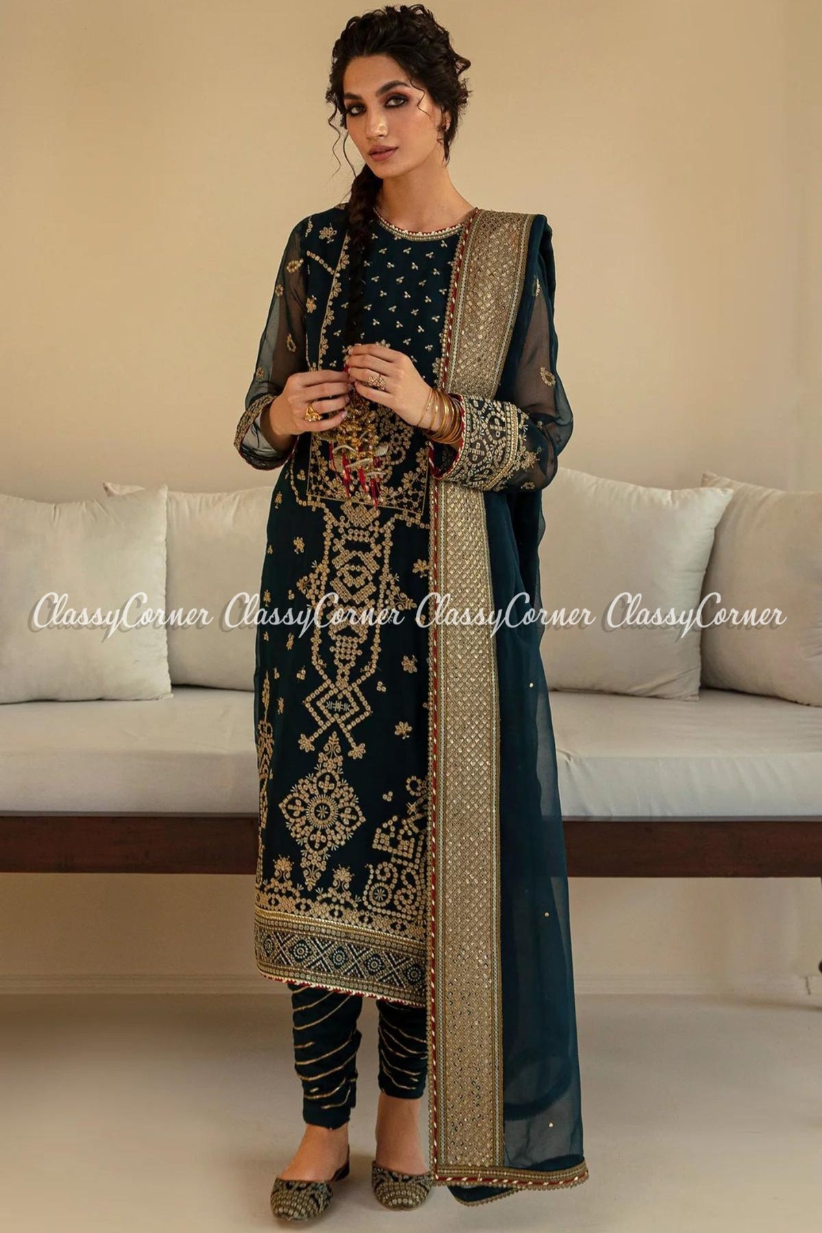 Zinc Golden Chiffon Embroidered 3pc Suit