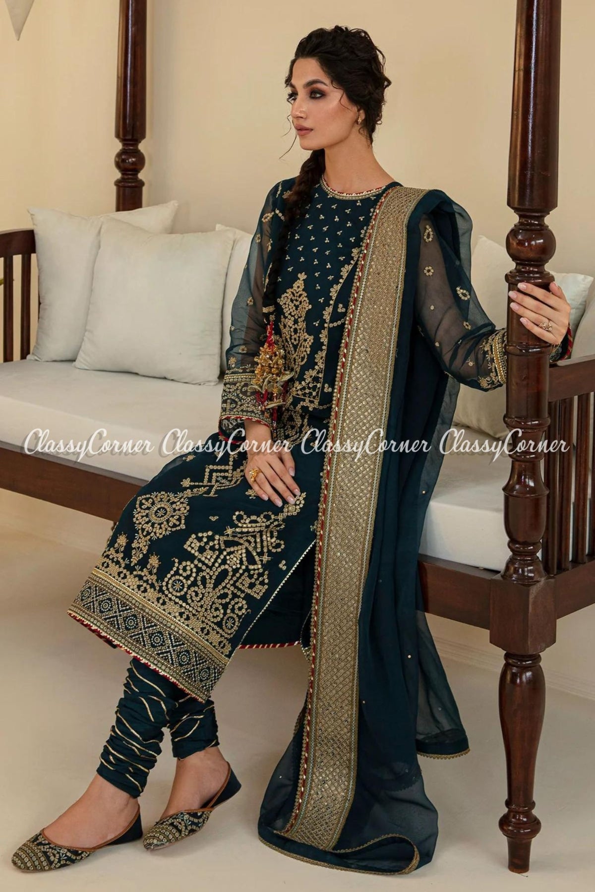 Zinc Golden Chiffon Embroidered 3pc Suit