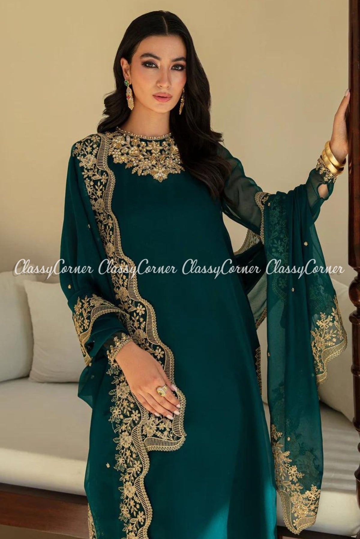 Zinc Golden Chiffon Embroidered Readymade Suit