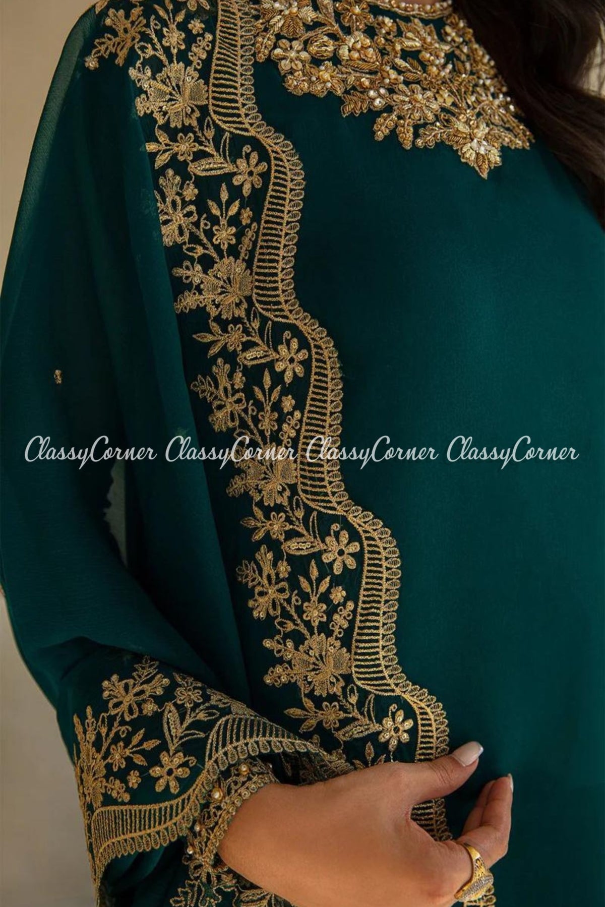 Zinc Golden Chiffon Embroidered Readymade Suit