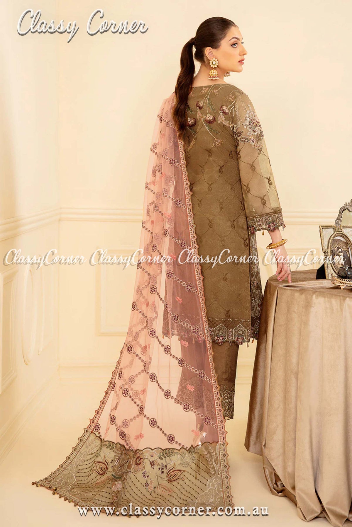 Brown &amp; Pink Organza Party Salwar Kameez - Classy Corner