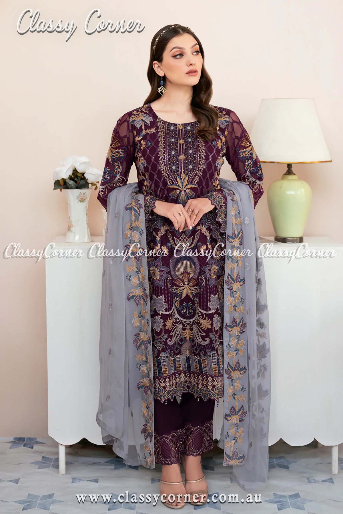 Pakistani Plum Chiffon Embroidered Dress - Classy Corner