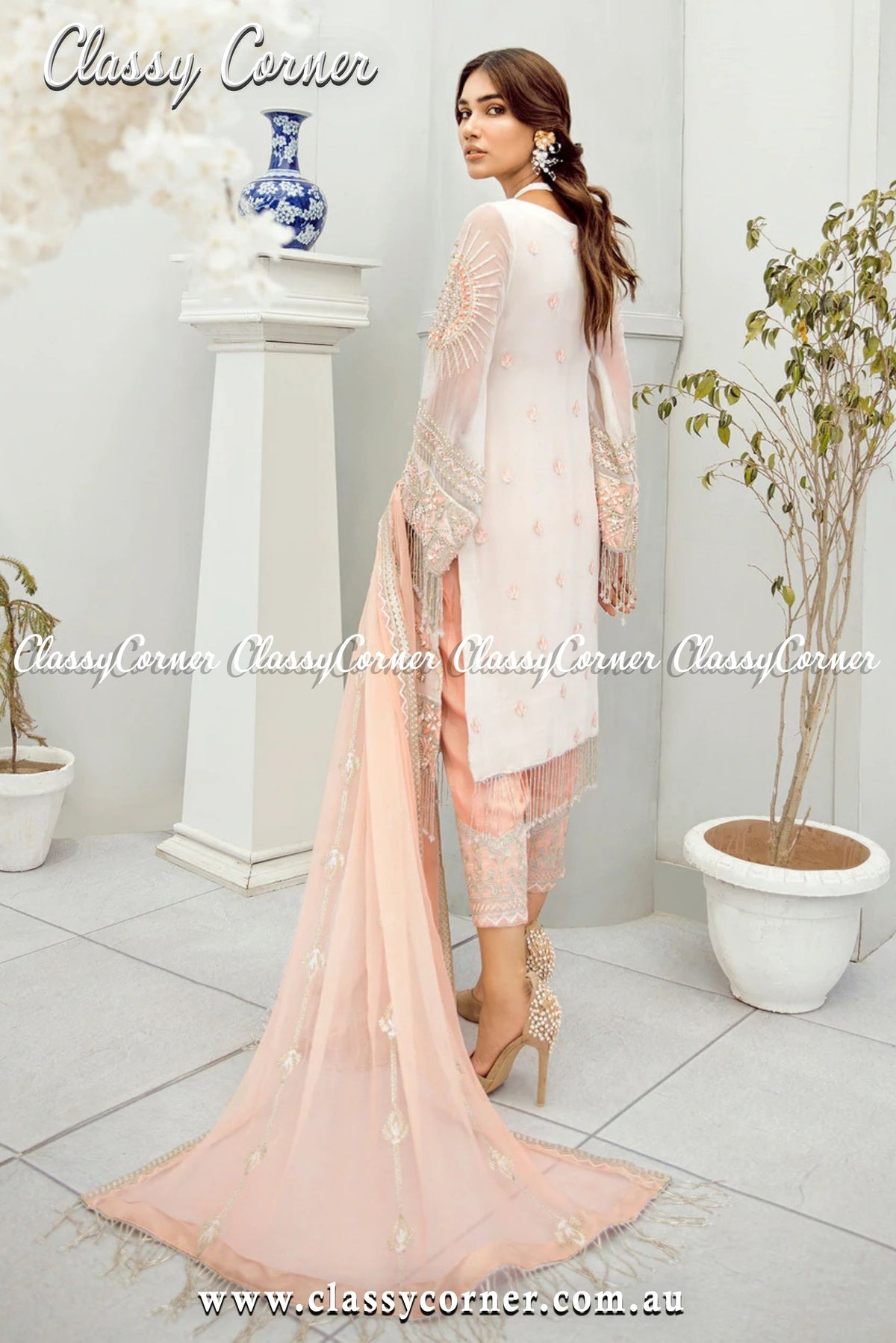 White Peach Formal Salwar Kameez - Classy Corner