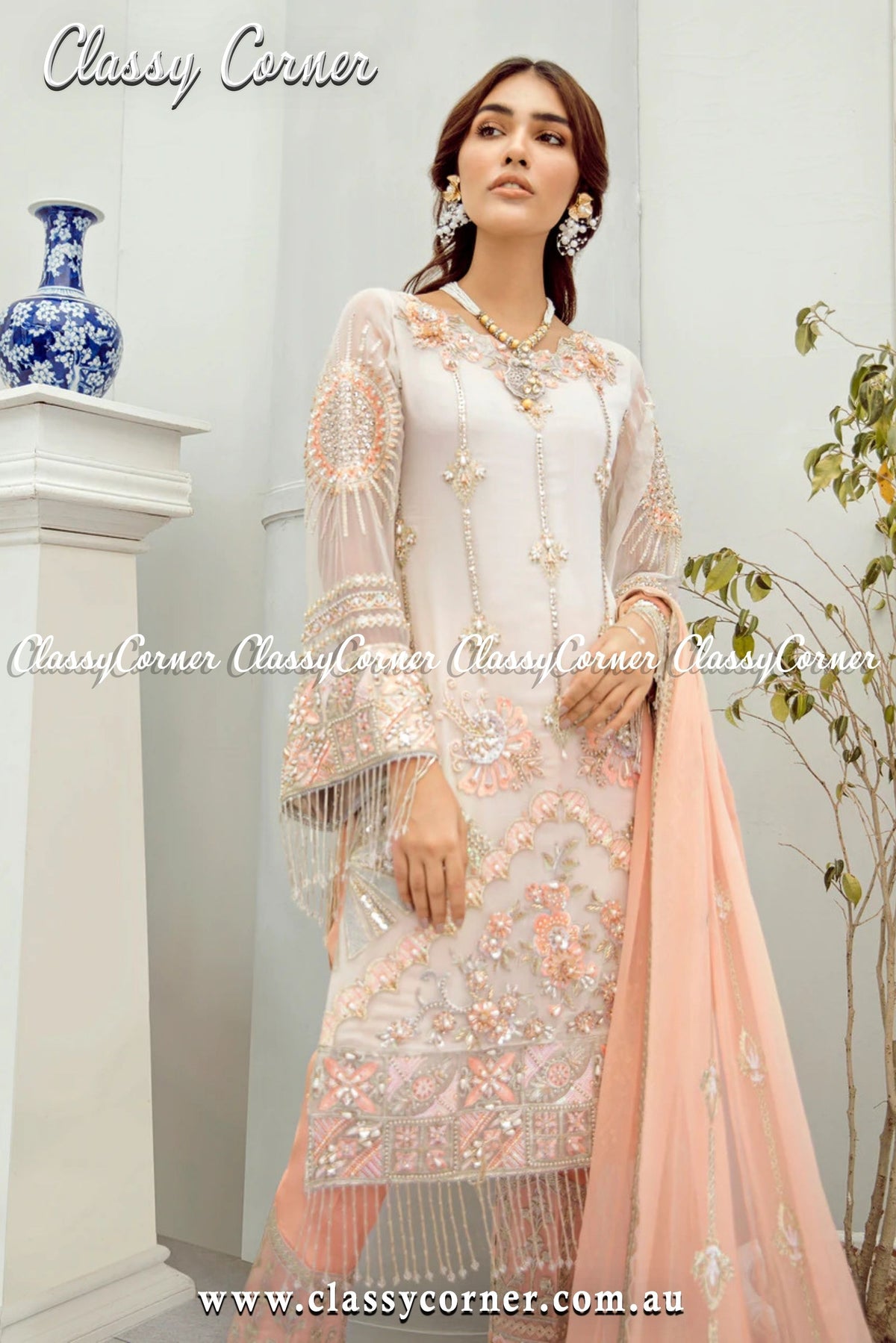 White Peach Formal Salwar Kameez - Classy Corner