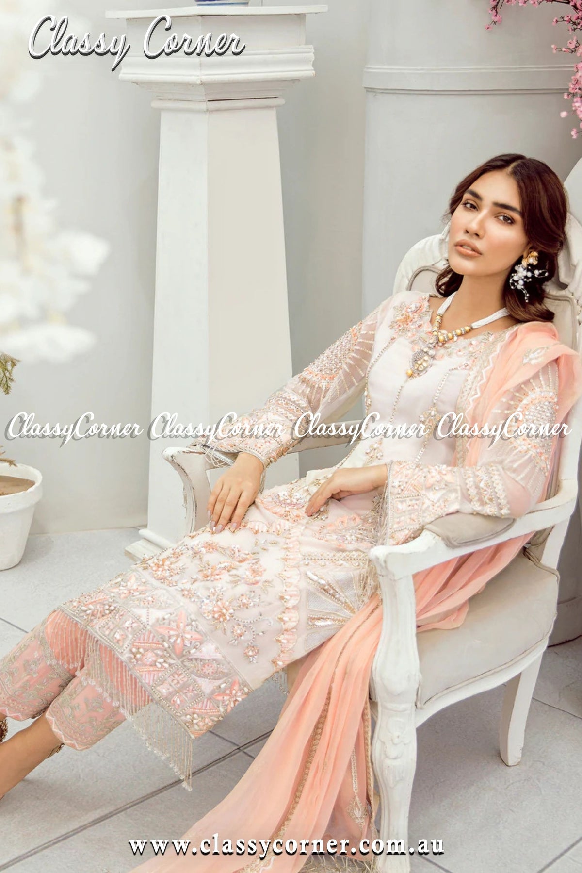 White Peach Formal Salwar Kameez - Classy Corner