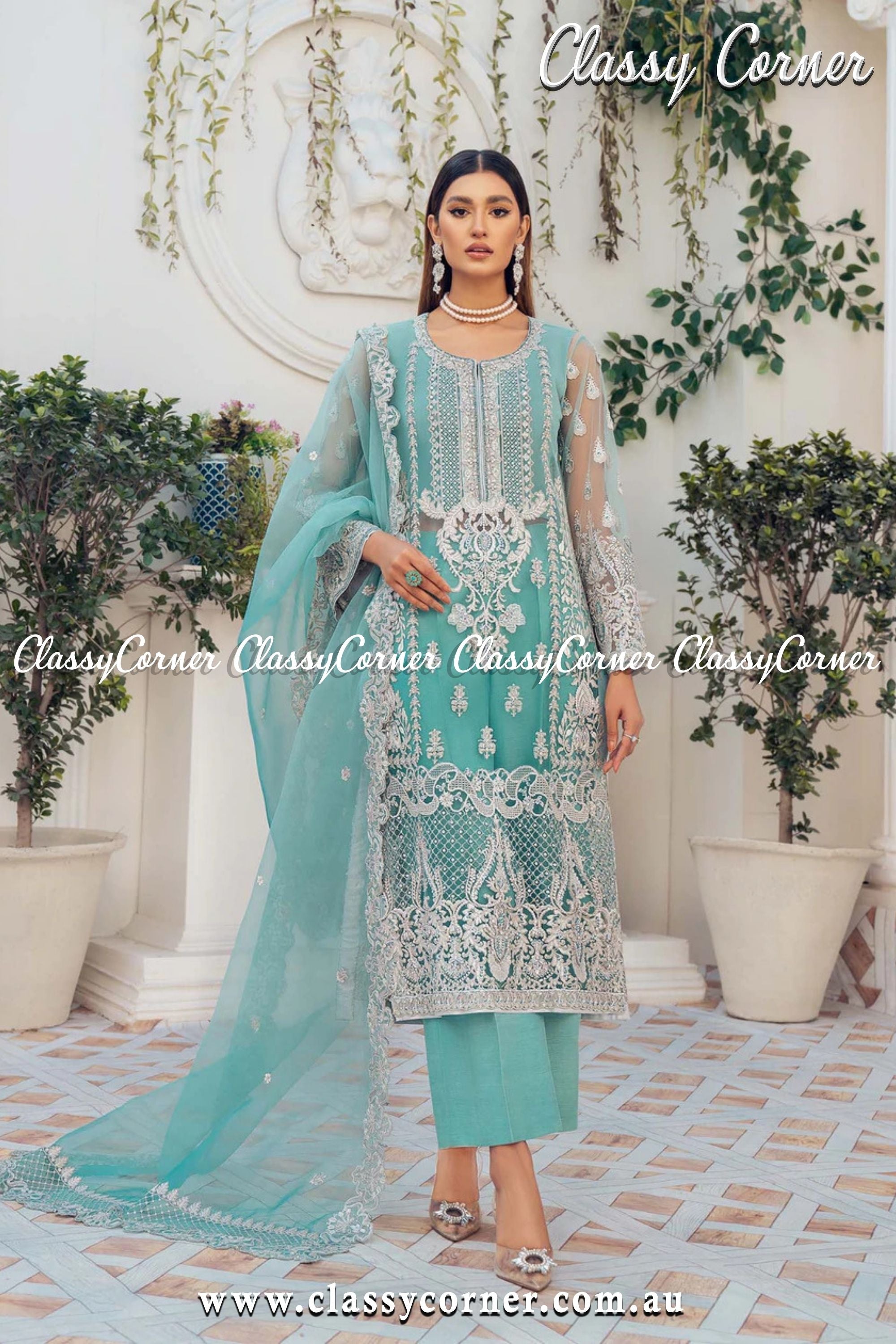 Teal Blue Pakistani Salwar Kameez - Classy Corner