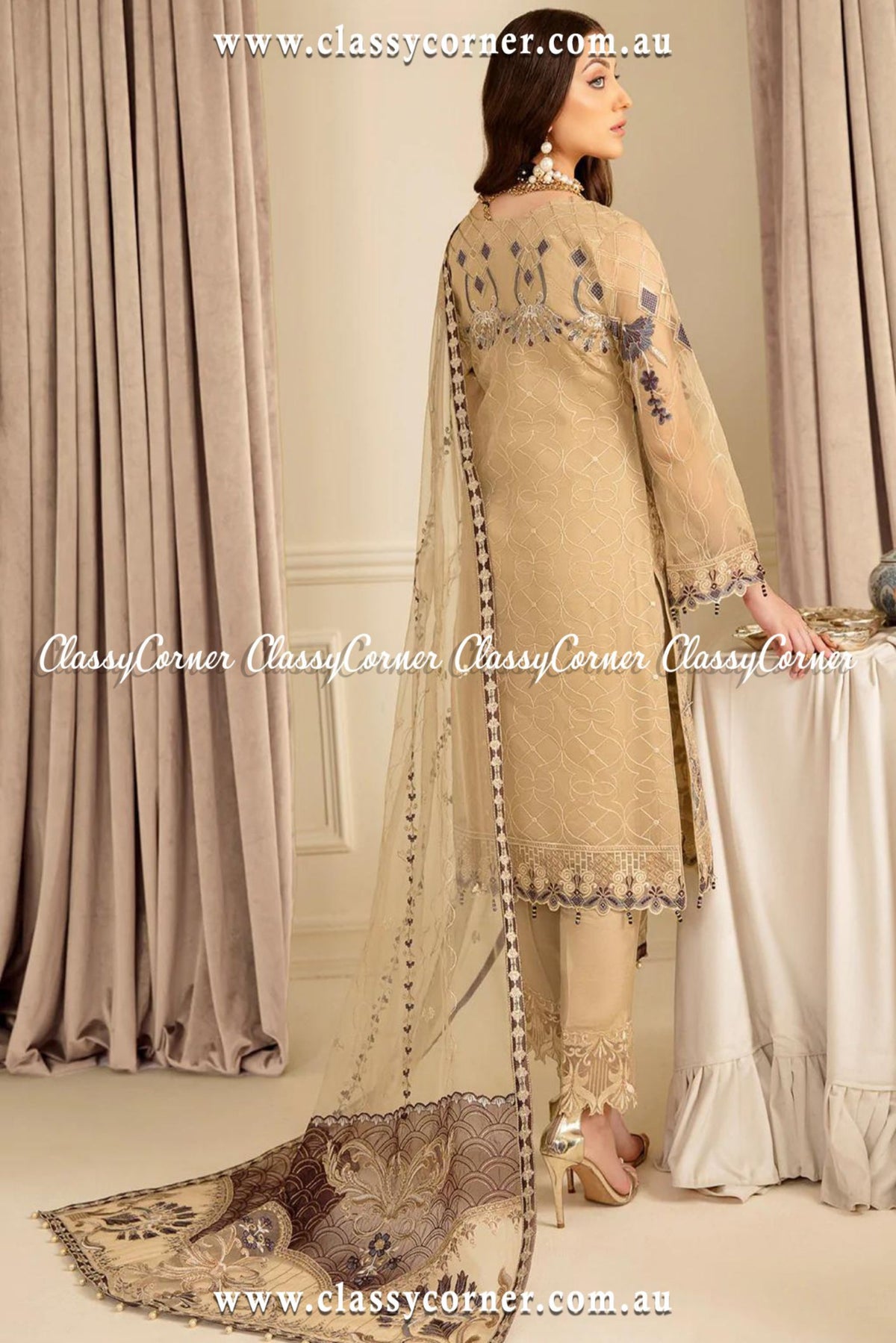 Pakistani Beige Embroidered Organza Dress - Classy Corner