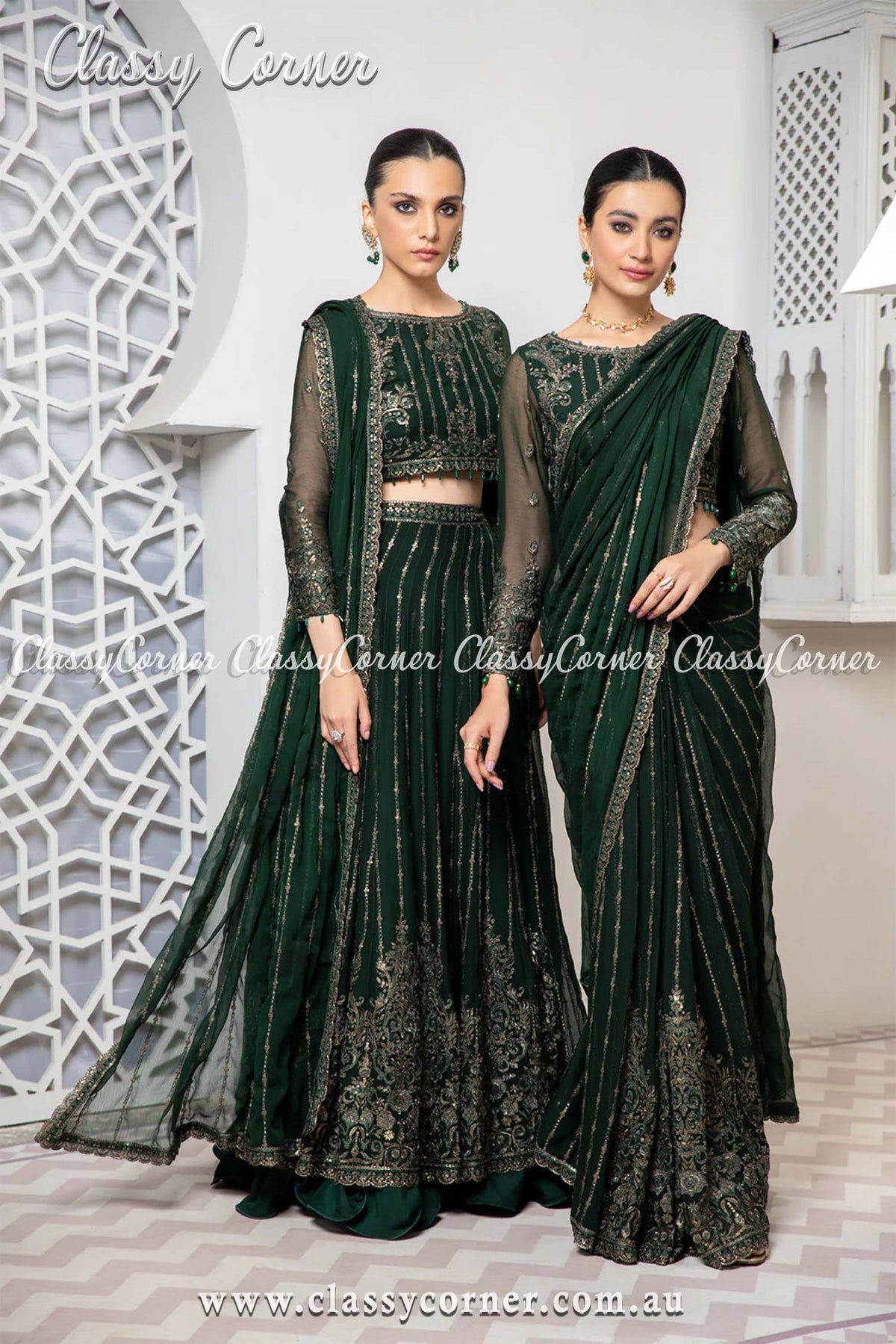 Pakistani Bottle Green Chiffon Outfit - Classy Corner