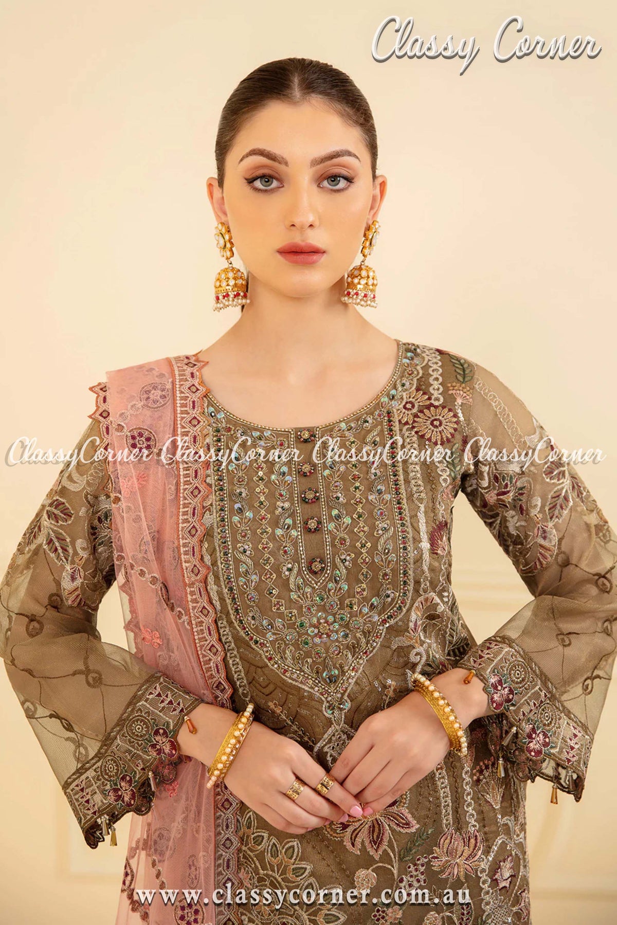 Brown &amp; Pink Organza Party Salwar Kameez - Classy Corner