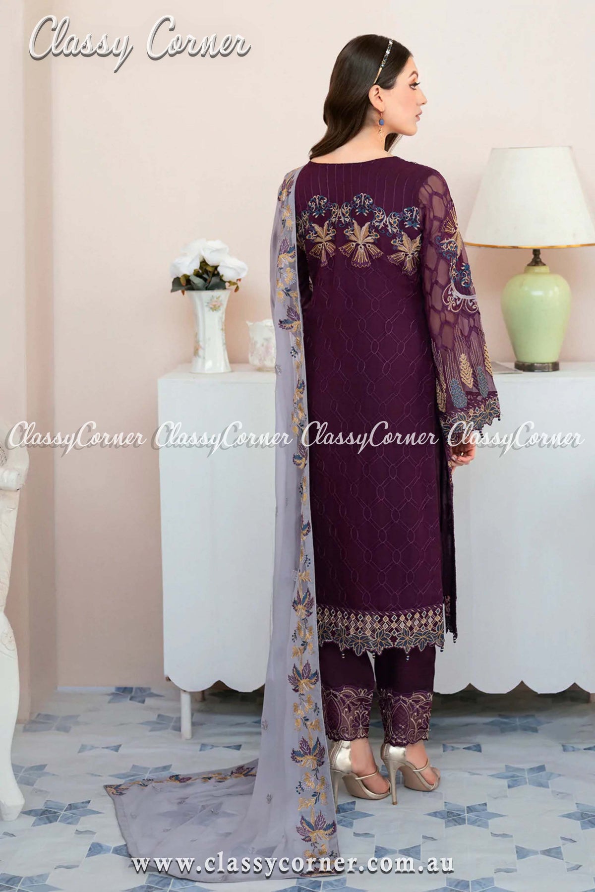 Pakistani Plum Chiffon Embroidered Dress - Classy Corner