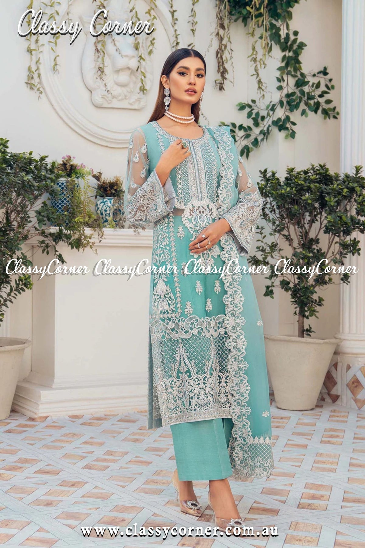 Teal Blue Pakistani Salwar Kameez - Classy Corner