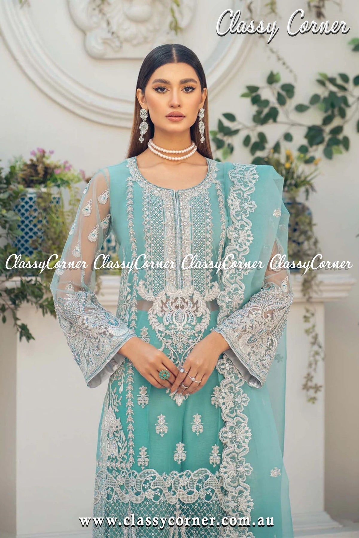 Teal Blue Pakistani Salwar Kameez - Classy Corner