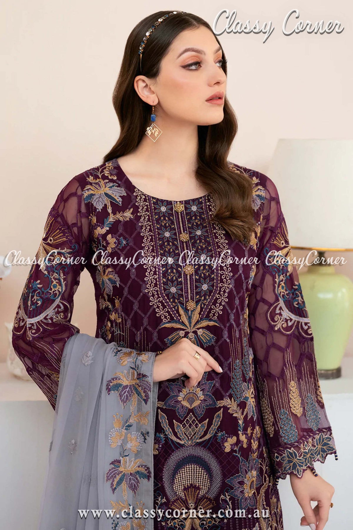 Pakistani Plum Chiffon Embroidered Dress - Classy Corner