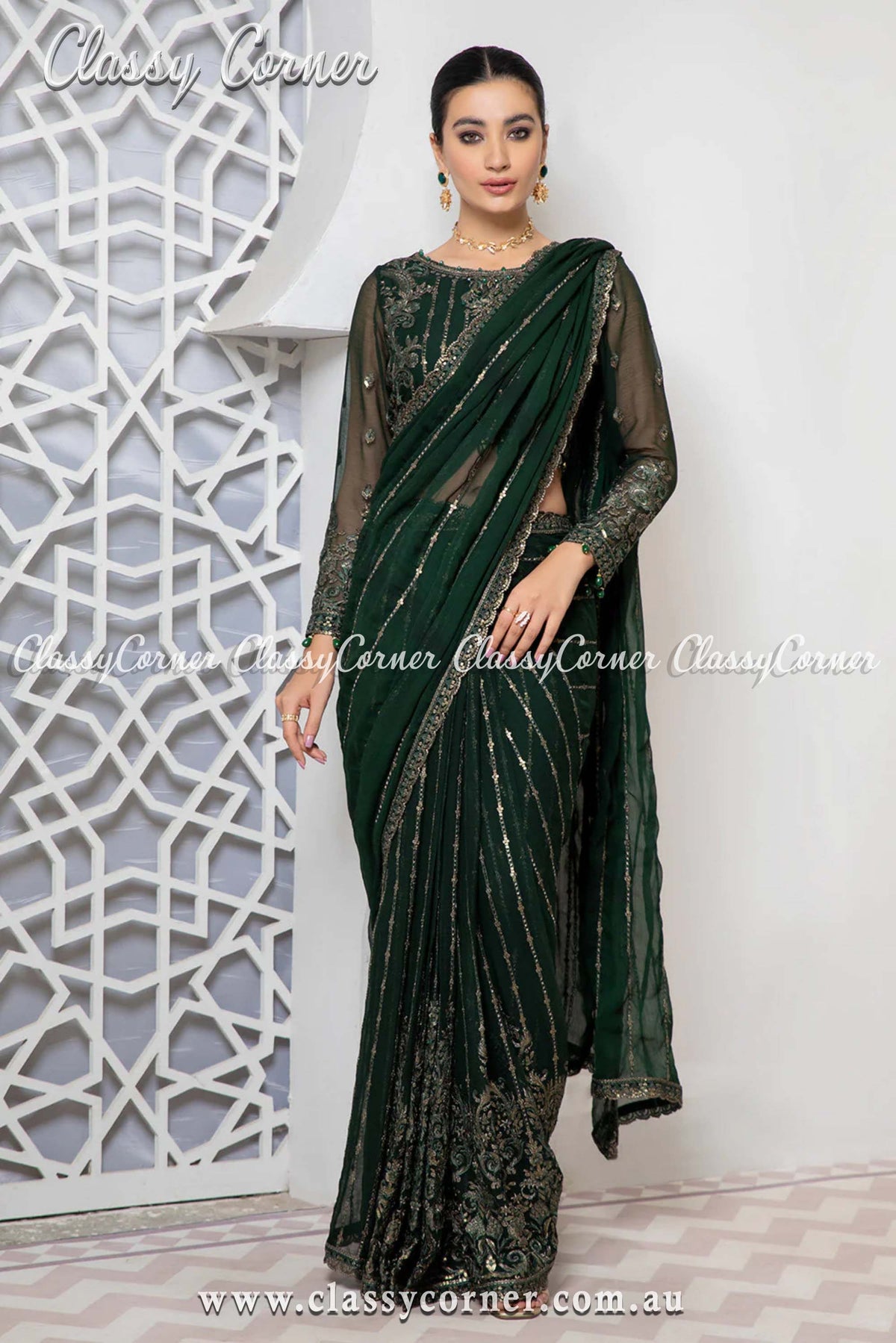 Pakistani Bottle Green Chiffon Outfit - Classy Corner